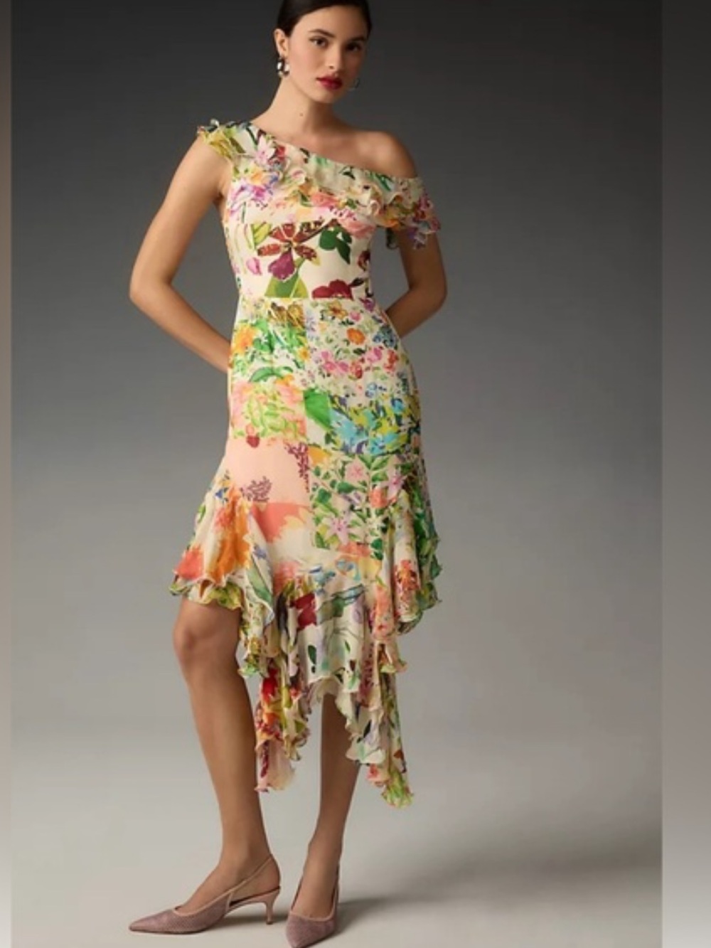 Anthropologie One-Shoulder Floral Ruffle Midi Dress